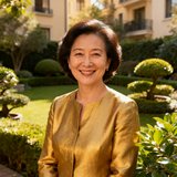法国驻华外交官家属Rebecca Chen女士在涉外公寓花园中微笑的正面照，身后可见精心养护的绿植景观